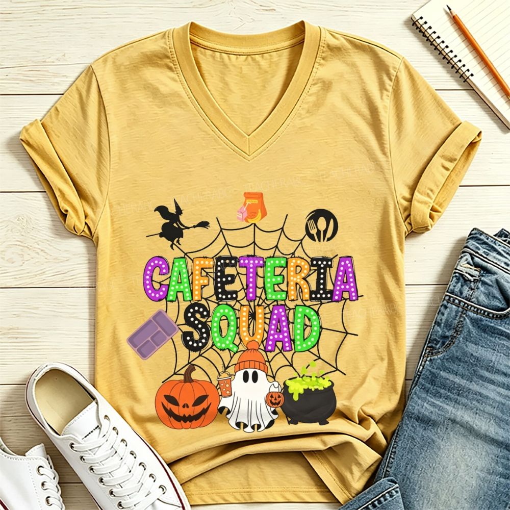Cafeteria Squad Halloween Ghost Pumpkin Witch Web V Neck T-shirt