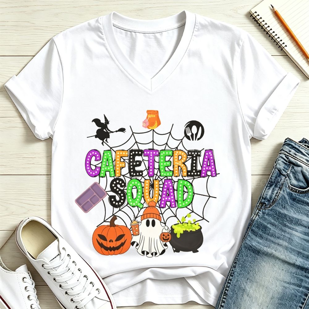 Cafeteria Squad Halloween Ghost Pumpkin Witch Web V Neck T-shirt