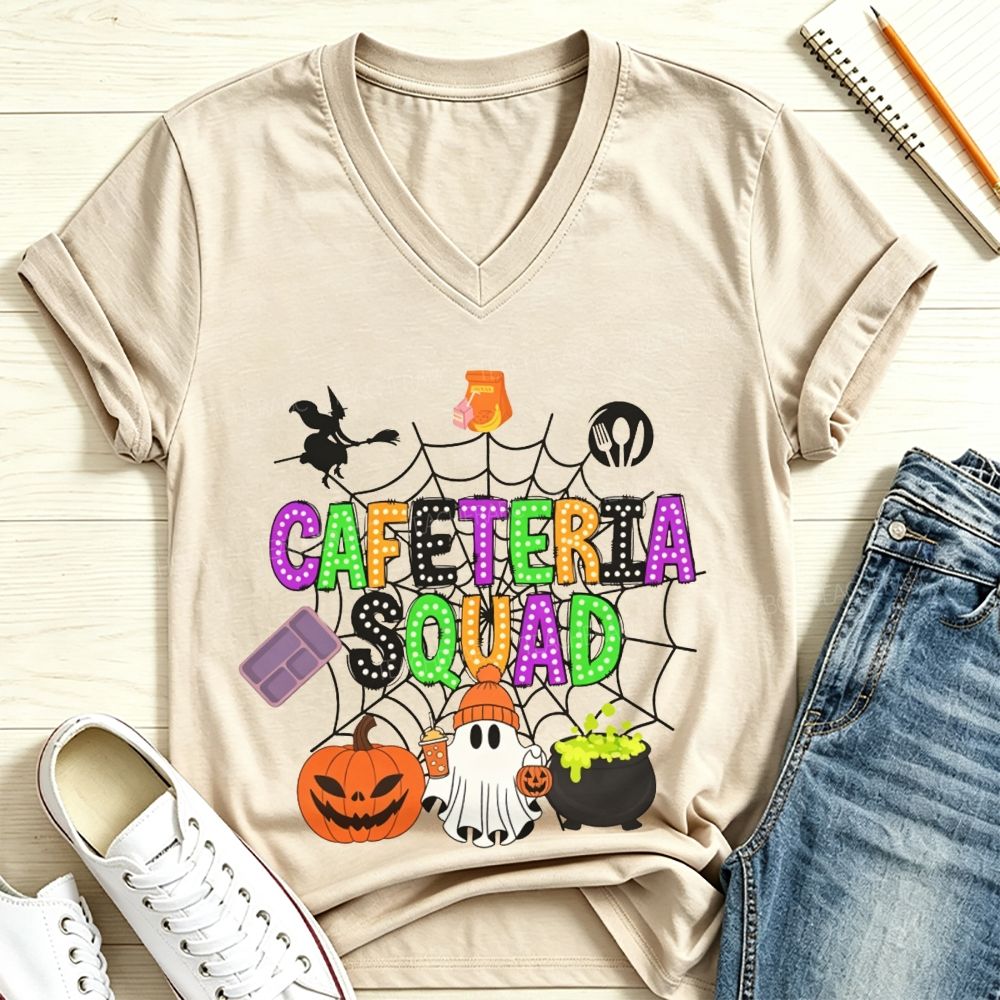 Cafeteria Squad Halloween Ghost Pumpkin Witch Web V Neck T-shirt