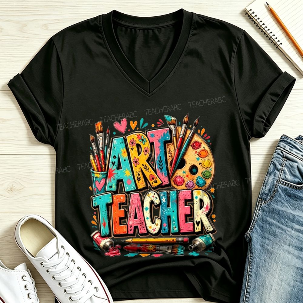 Art Teacher Colorful Doodle Paint Palette Paint Brushes V Neck T-shirt