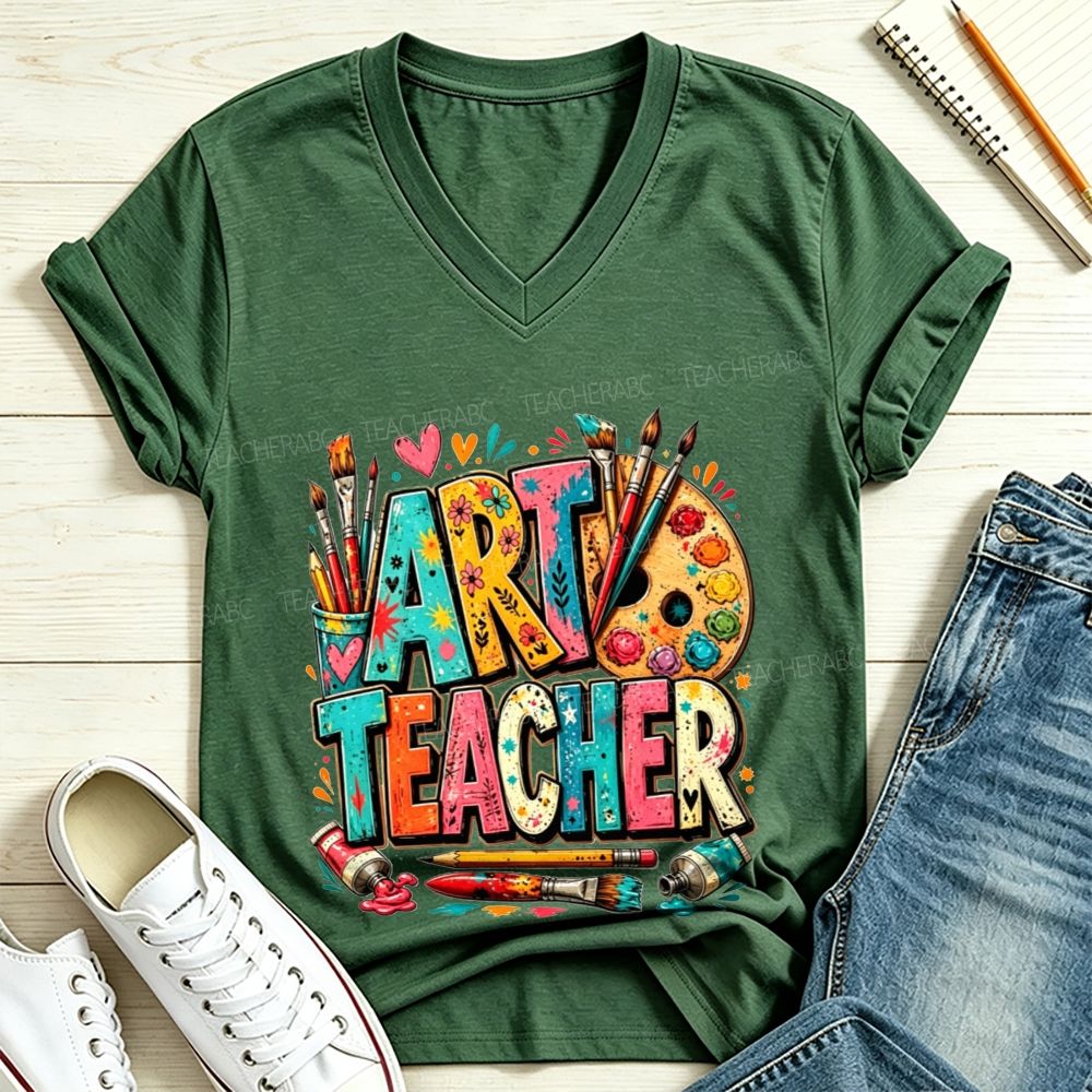 Art Teacher Colorful Doodle Paint Palette Paint Brushes V Neck T-shirt