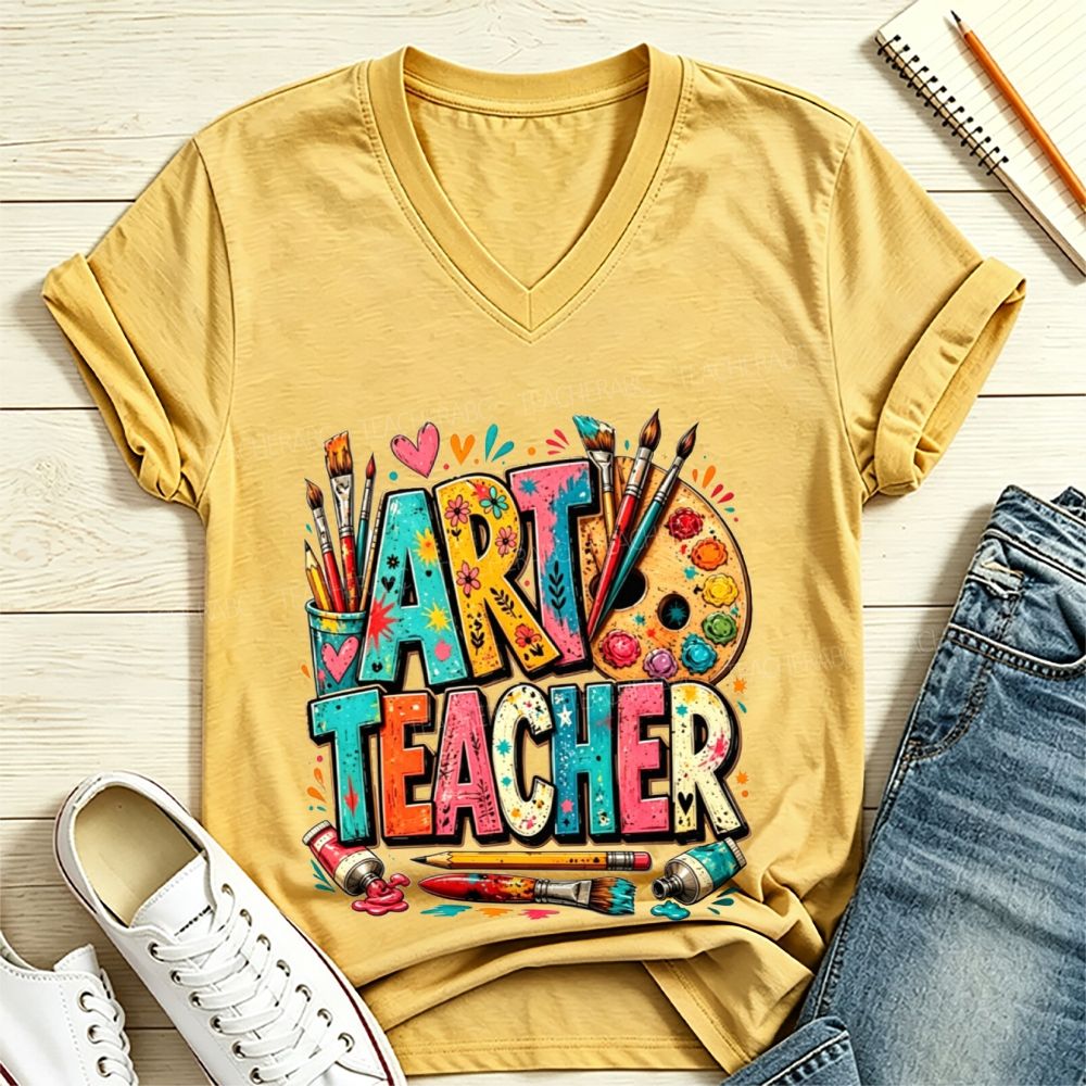 Art Teacher Colorful Doodle Paint Palette Paint Brushes V Neck T-shirt