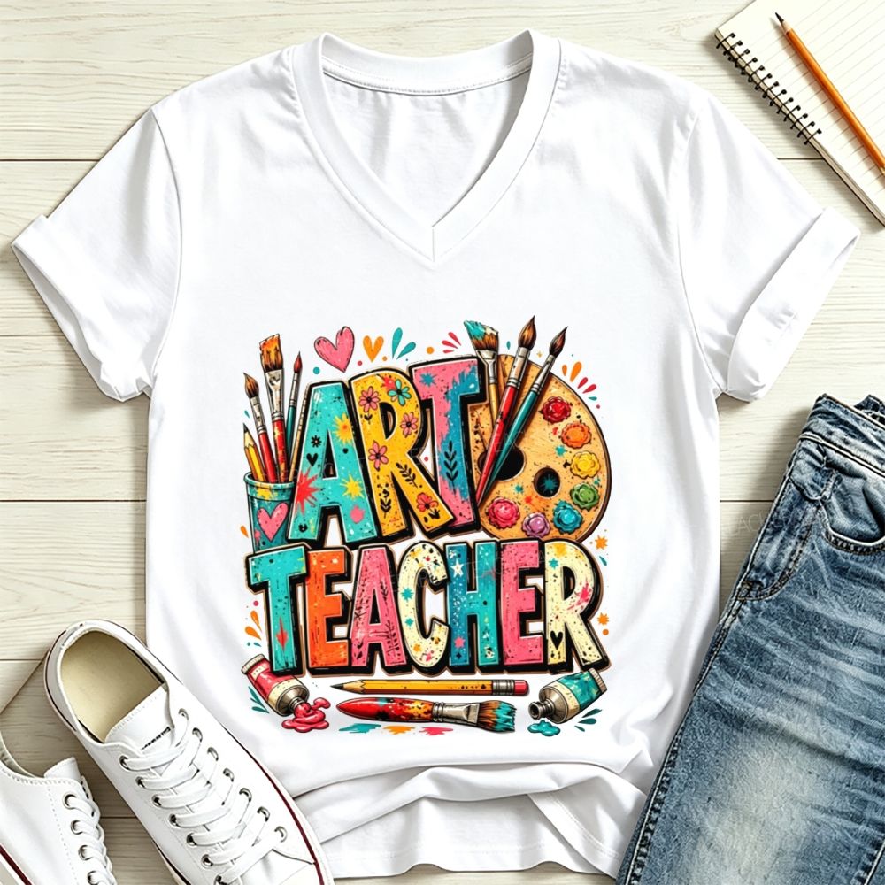 Art Teacher Colorful Doodle Paint Palette Paint Brushes V Neck T-shirt