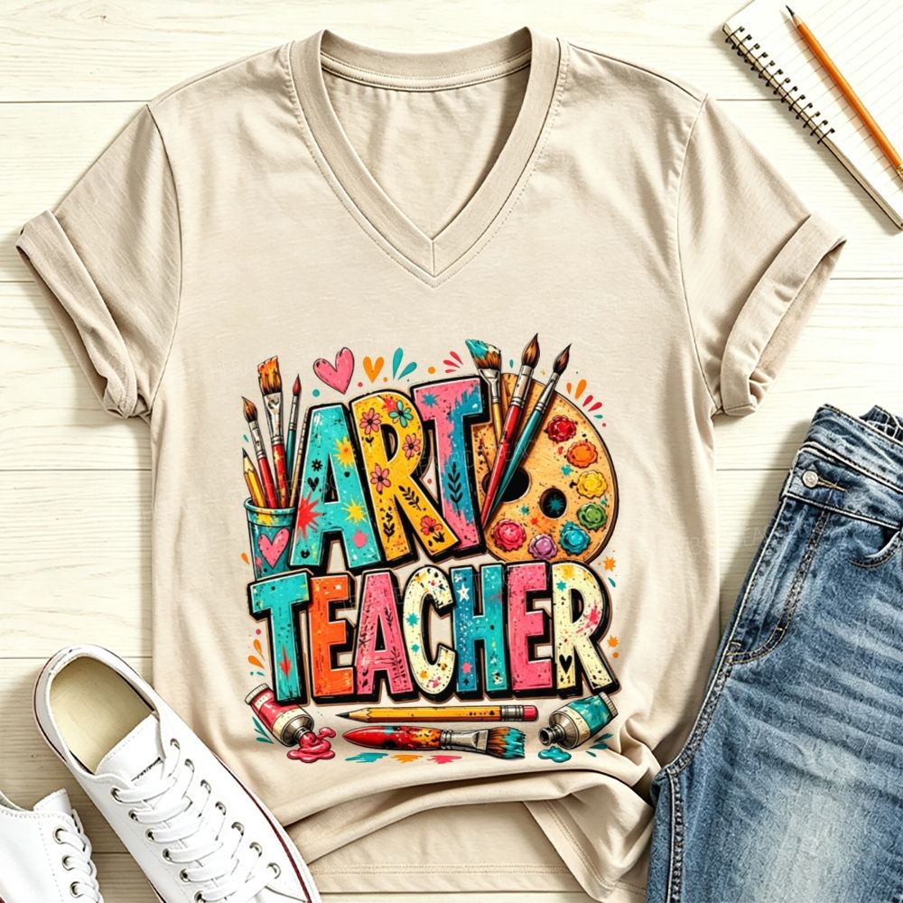 Art Teacher Colorful Doodle Paint Palette Paint Brushes V Neck T-shirt