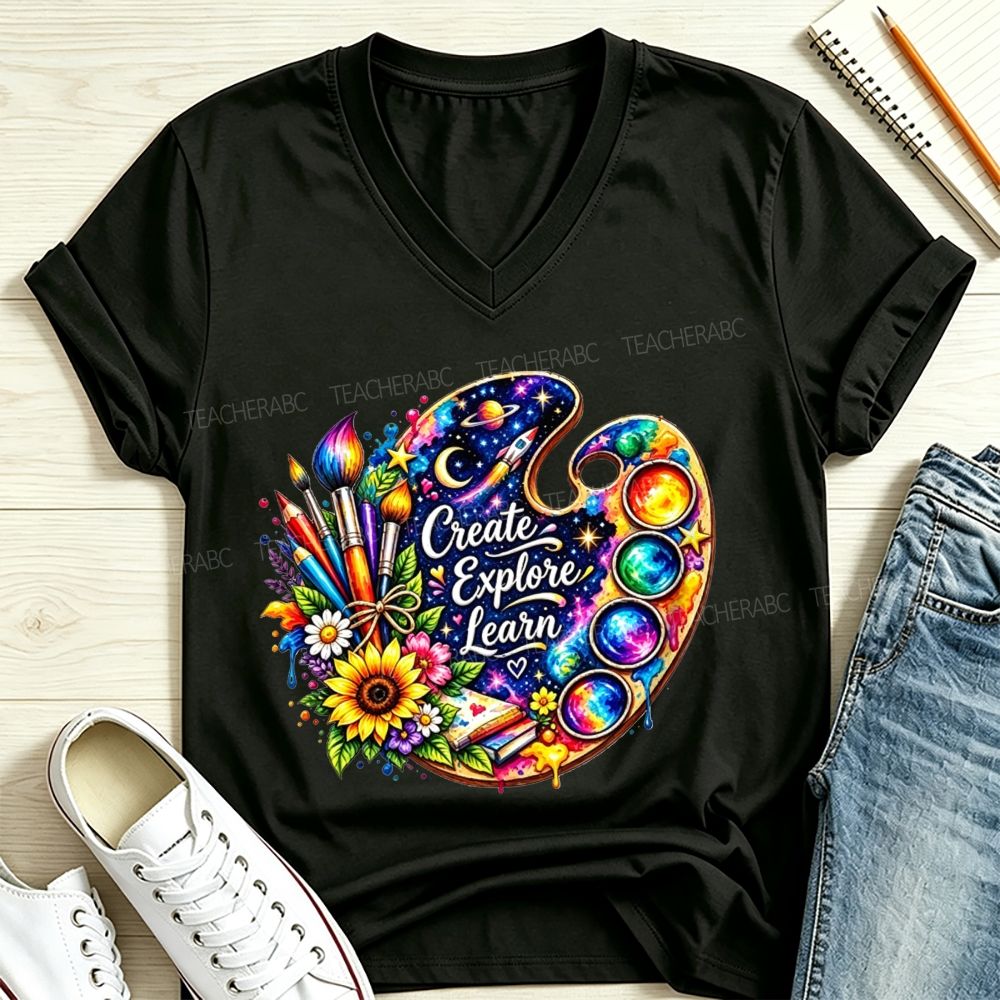 Create Explore Learn Galaxy Paint Palette Sunflower Art Teacher V Neck T-shirt