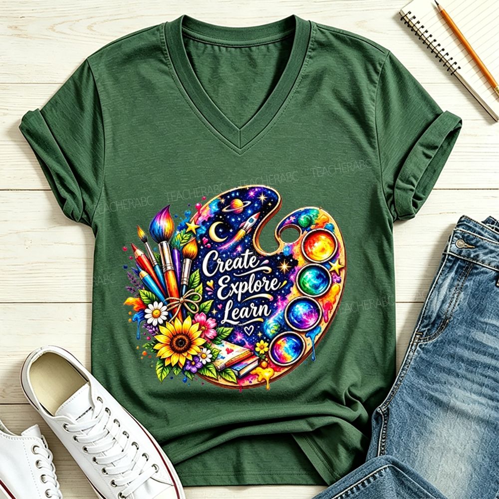 Create Explore Learn Galaxy Paint Palette Sunflower Art Teacher V Neck T-shirt