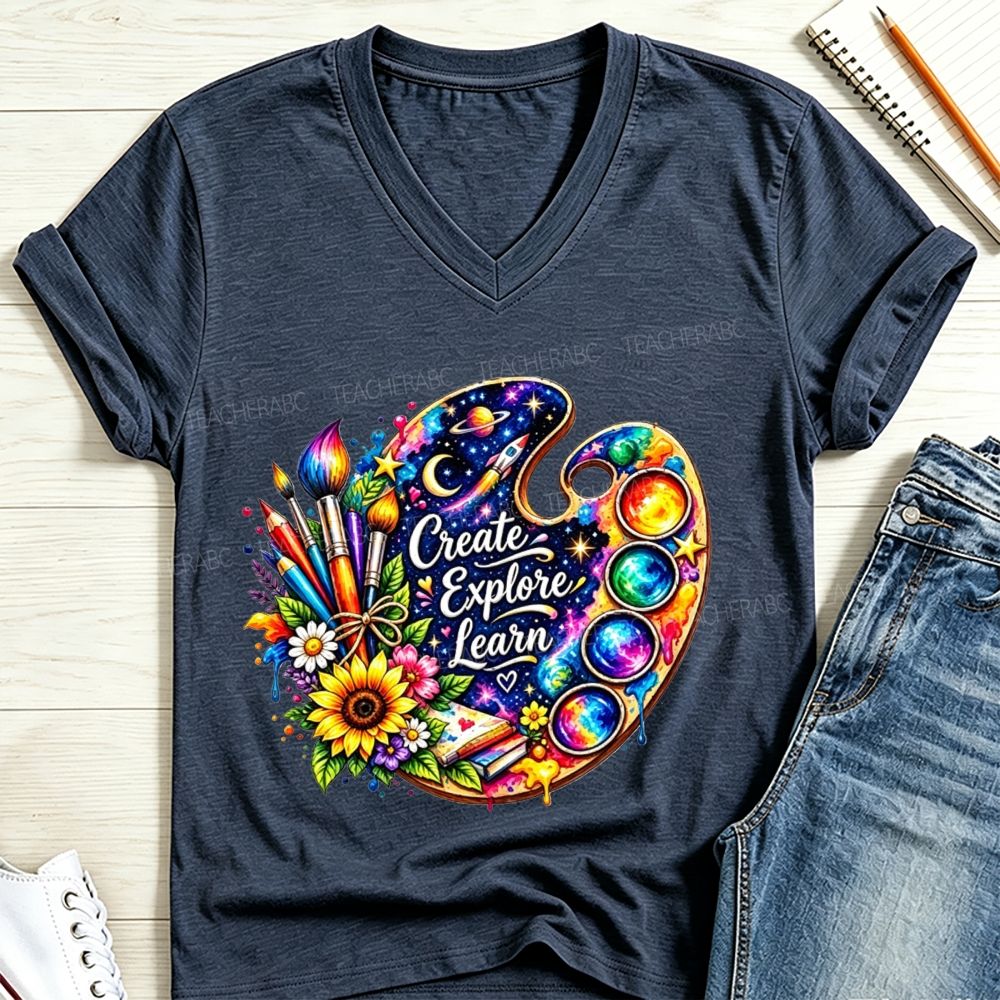 Create Explore Learn Galaxy Paint Palette Sunflower Art Teacher V Neck T-shirt