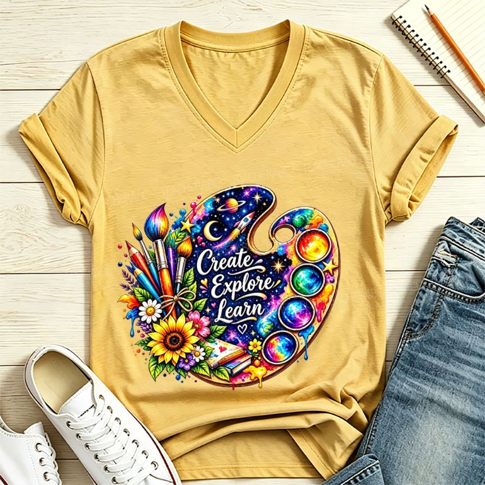 Create Explore Learn Galaxy Paint Palette Sunflower Art Teacher V Neck T-shirt