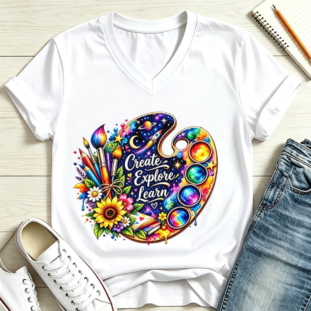 Create Explore Learn Galaxy Paint Palette Sunflower Art Teacher V Neck T-shirt