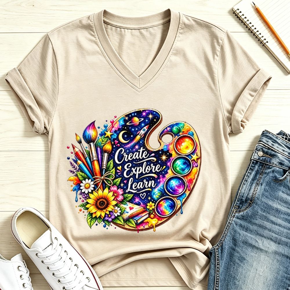 Create Explore Learn Galaxy Paint Palette Sunflower Art Teacher V Neck T-shirt