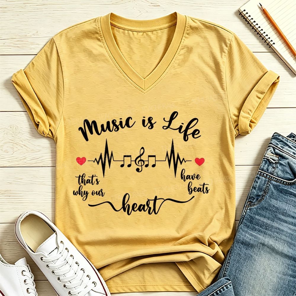Music Is Life That's Why Our Heart Have Beats Music Note Heartbeat V Neck T-shirt