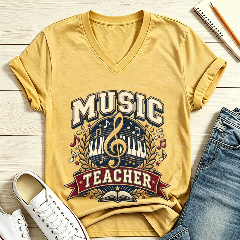 Music Teacher Treble Clef Piano Keys Laurel Wreath V Neck T-shirt