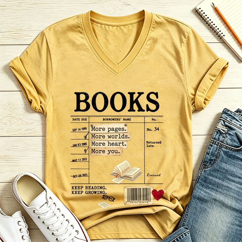 Library Book Card More Pages More Worlds Librarian Reading Teacher V Neck T-shirt