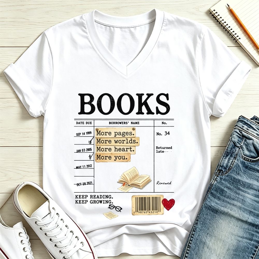 Library Book Card More Pages More Worlds Librarian Reading Teacher V Neck T-shirt