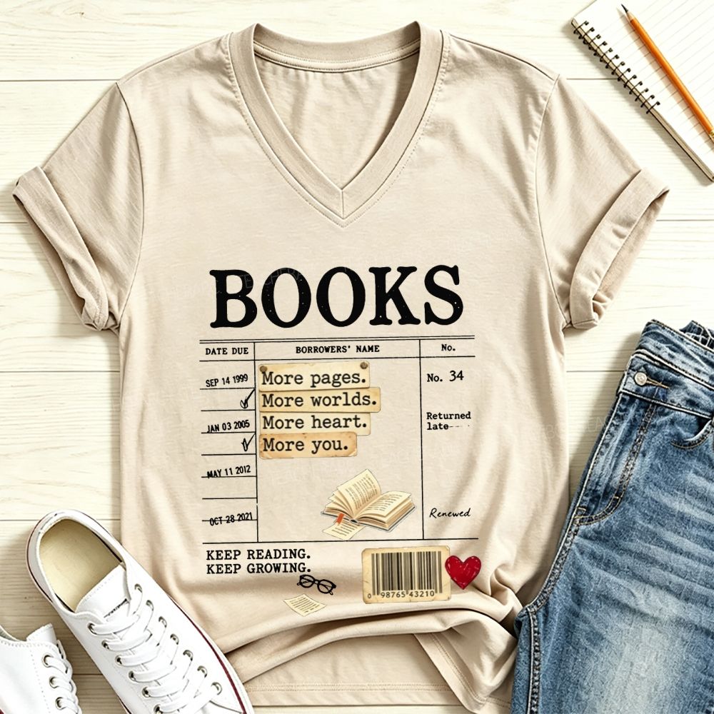 Library Book Card More Pages More Worlds Librarian Reading Teacher V Neck T-shirt