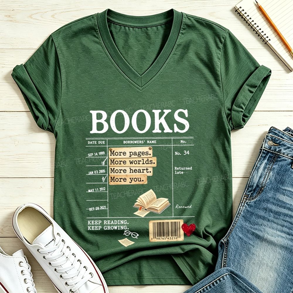 Library Book Card More Pages More Worlds Librarian Reading Teacher V Neck T-shirt