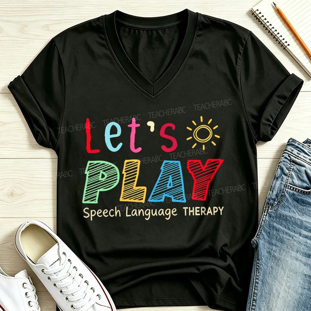 Let's Play Speech Language Therapy Colorful Sun SLP V Neck T-shirt