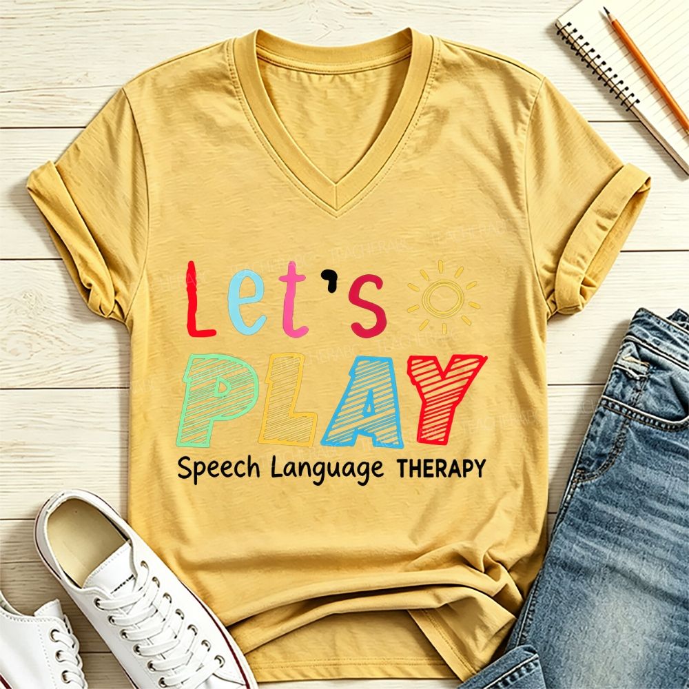 Let's Play Speech Language Therapy Colorful Sun SLP V Neck T-shirt