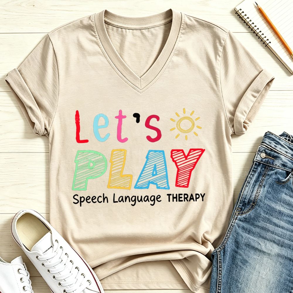 Let's Play Speech Language Therapy Colorful Sun SLP V Neck T-shirt