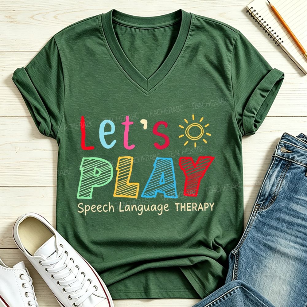 Let's Play Speech Language Therapy Colorful Sun SLP V Neck T-shirt