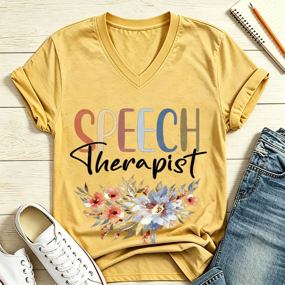 Speech Therapist Watercolor Floral Boho SLP V Neck T-shirt