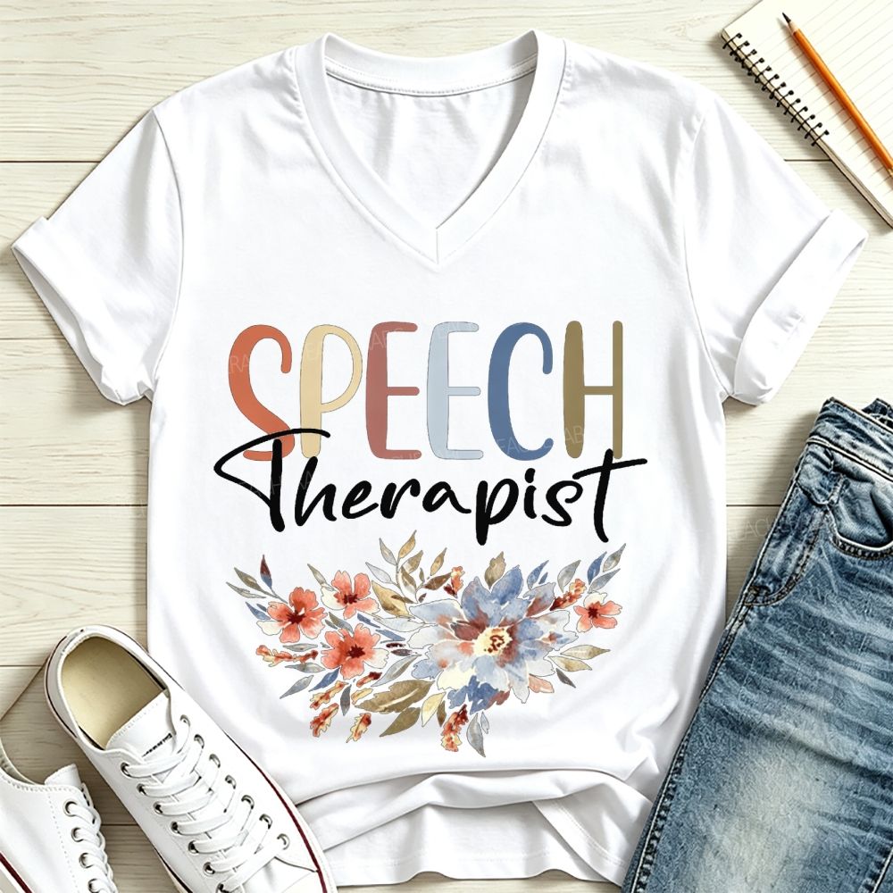 Speech Therapist Watercolor Floral Boho SLP V Neck T-shirt