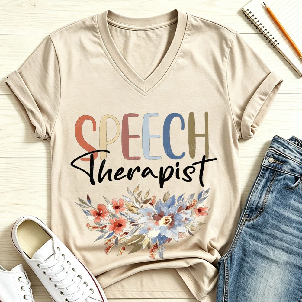 Speech Therapist Watercolor Floral Boho SLP V Neck T-shirt