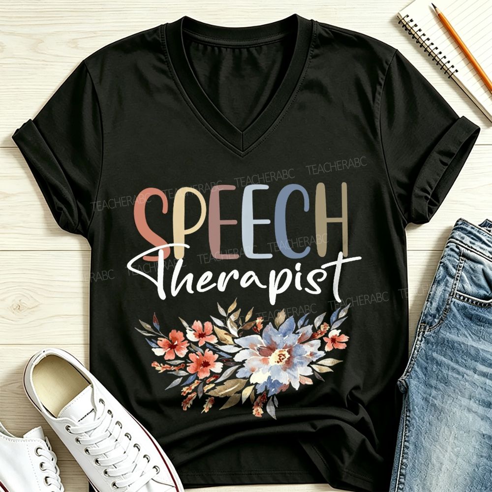 Speech Therapist Watercolor Floral Boho SLP V Neck T-shirt