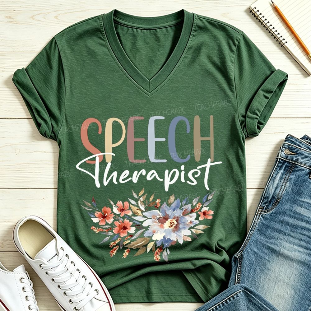 Speech Therapist Watercolor Floral Boho SLP V Neck T-shirt