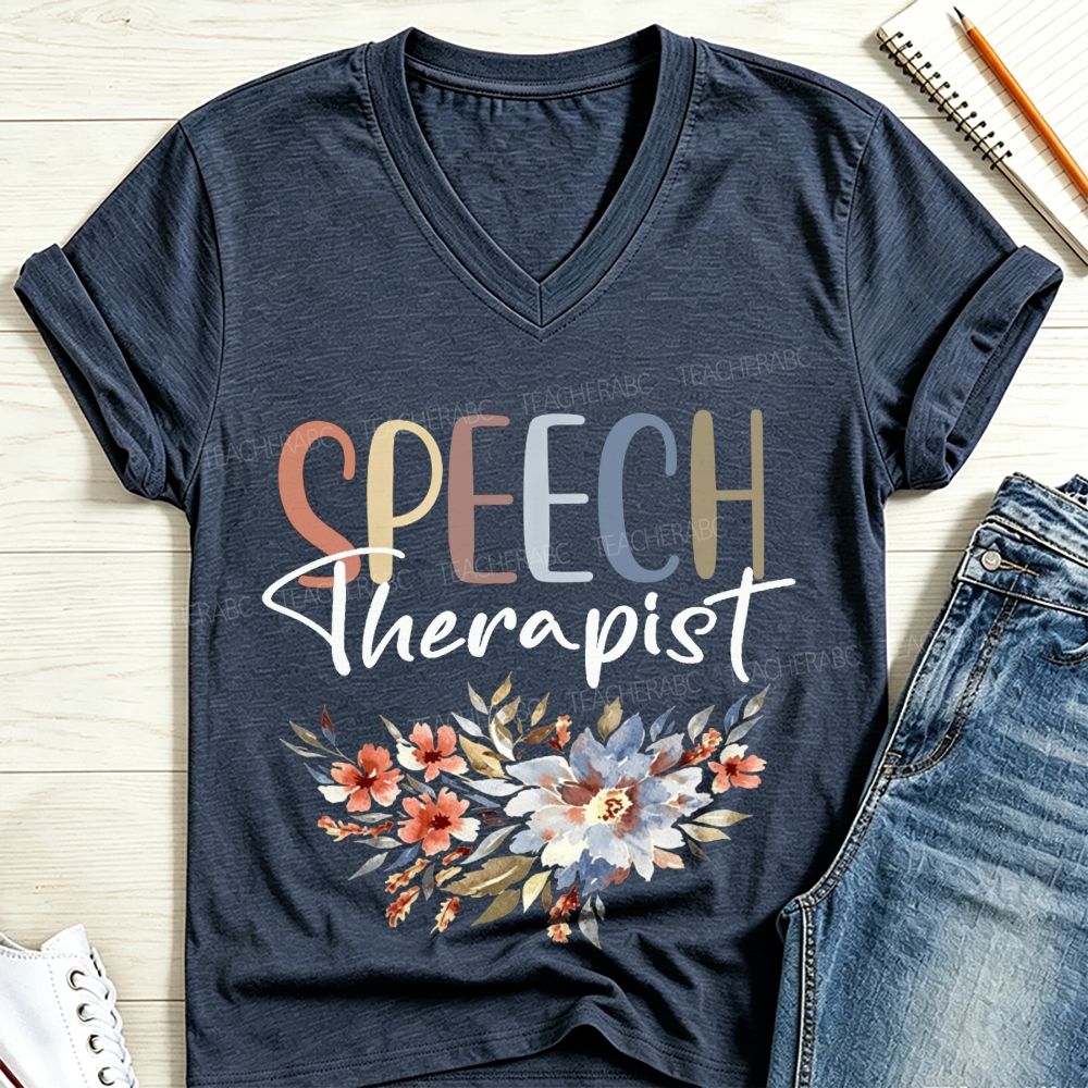 Speech Therapist Watercolor Floral Boho SLP V Neck T-shirt