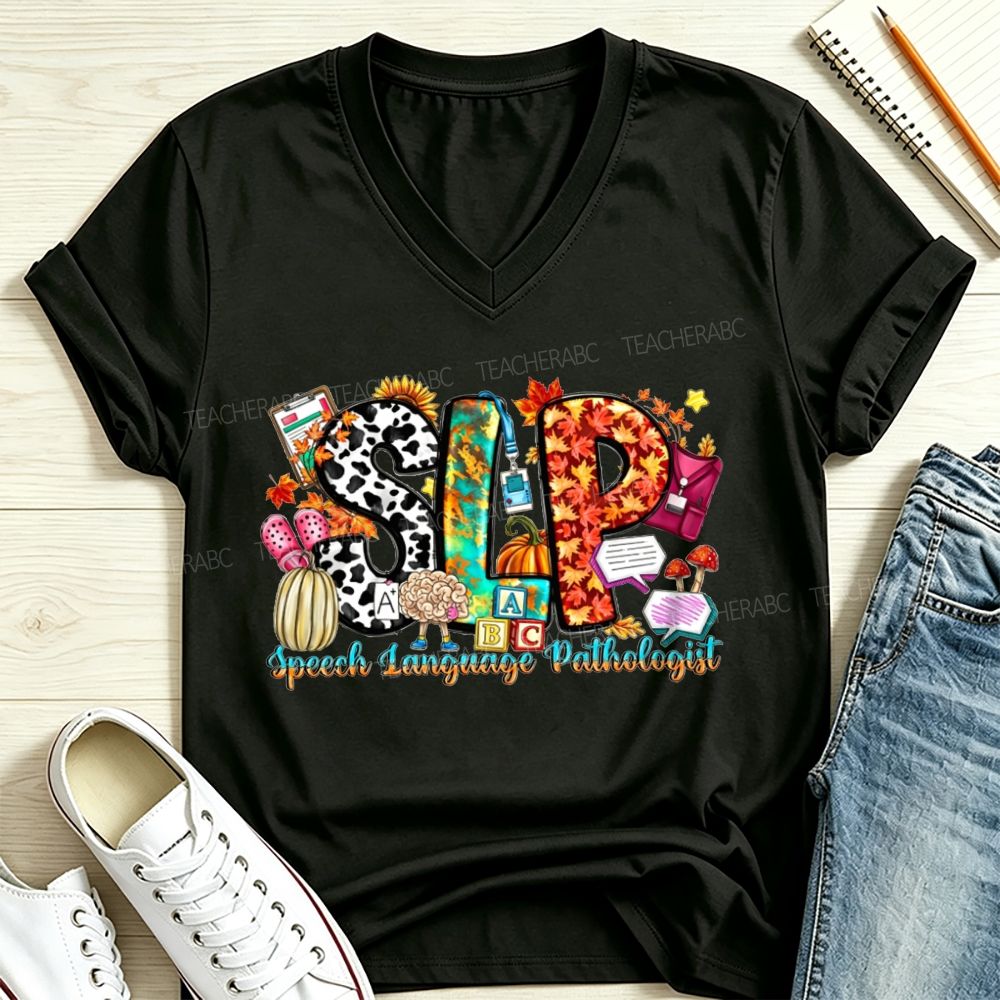Fall SLP Speech Language Pathologist Pumpkin Maple Leaf Cow V Neck T-shirt