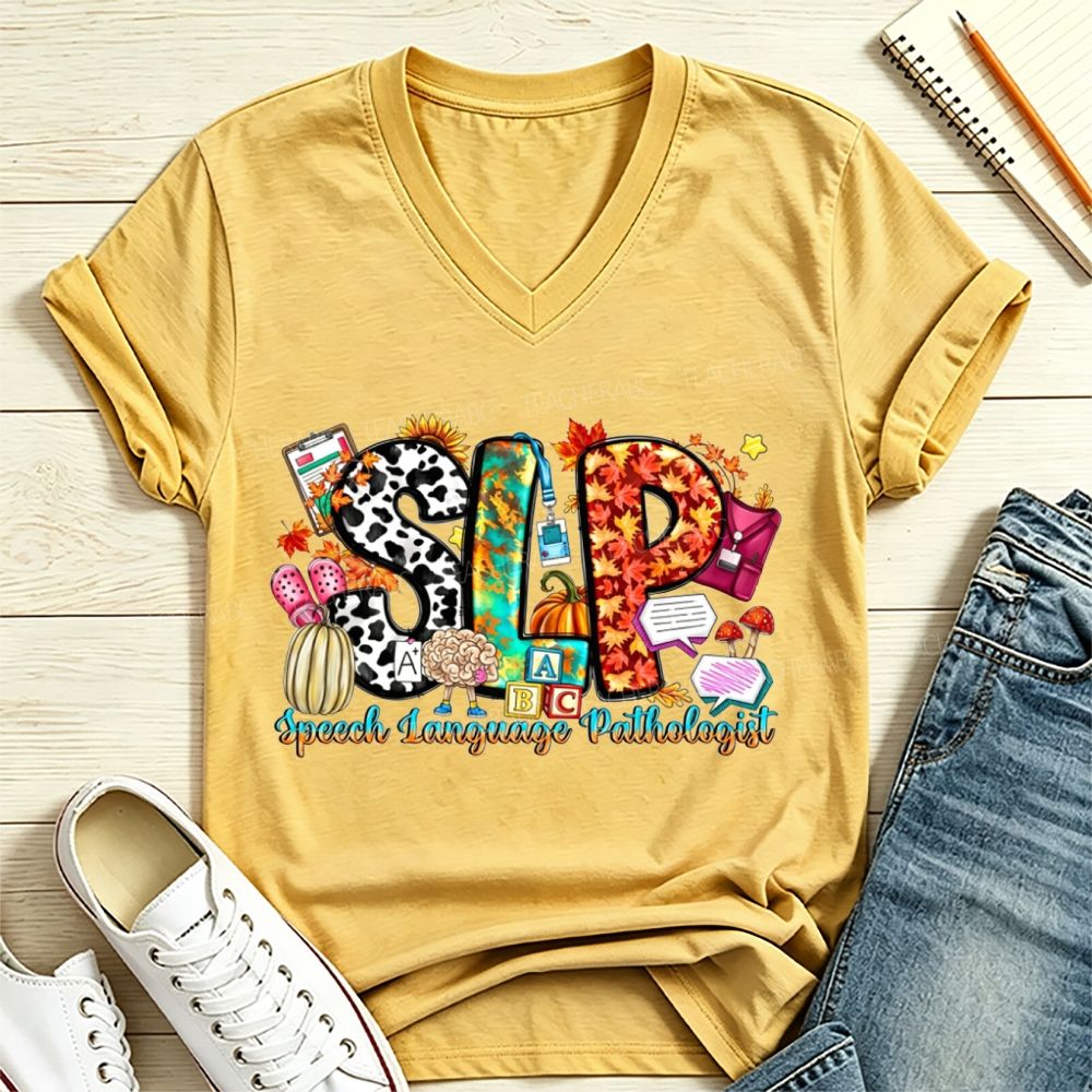 Fall SLP Speech Language Pathologist Pumpkin Maple Leaf Cow V Neck T-shirt