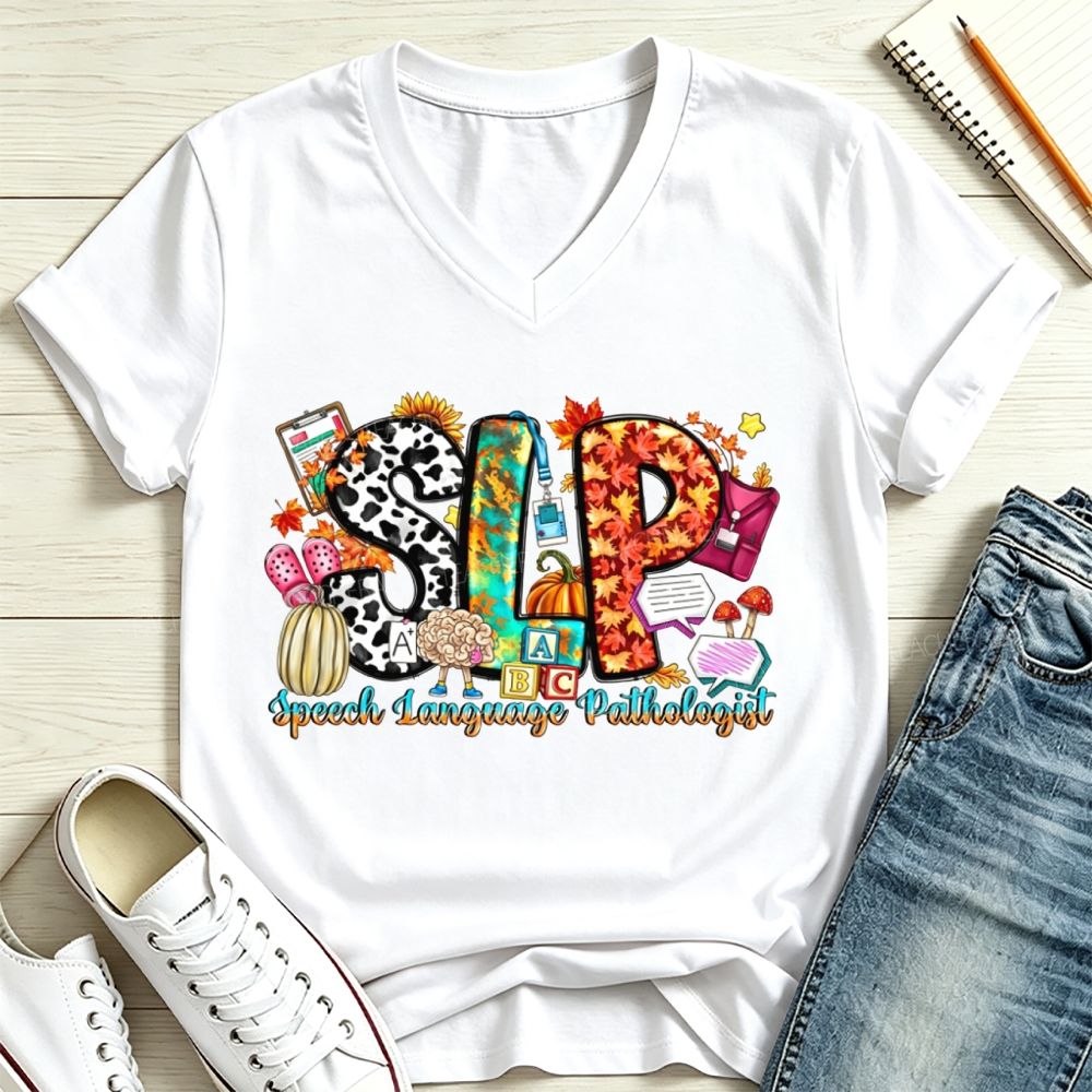 Fall SLP Speech Language Pathologist Pumpkin Maple Leaf Cow V Neck T-shirt