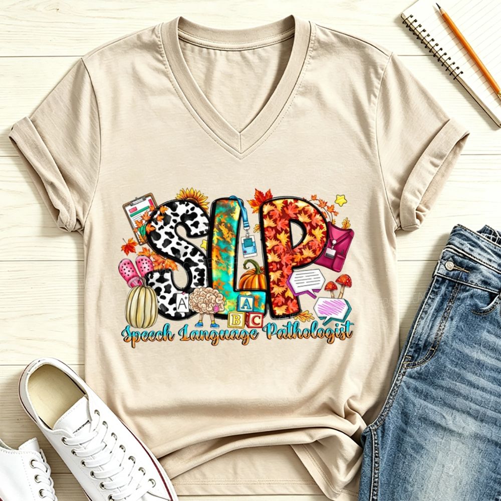 Fall SLP Speech Language Pathologist Pumpkin Maple Leaf Cow V Neck T-shirt
