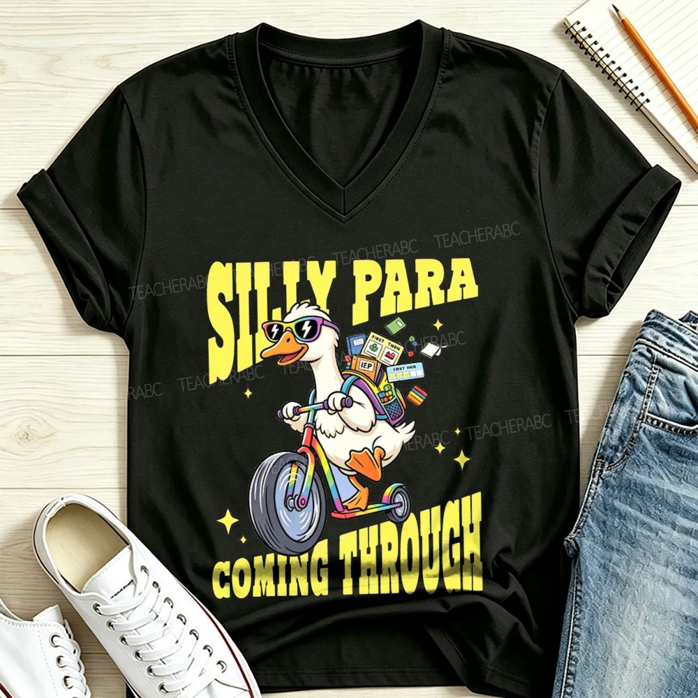 Silly Para Coming Through Duck Scooter Paraprofessional V Neck T-shirt