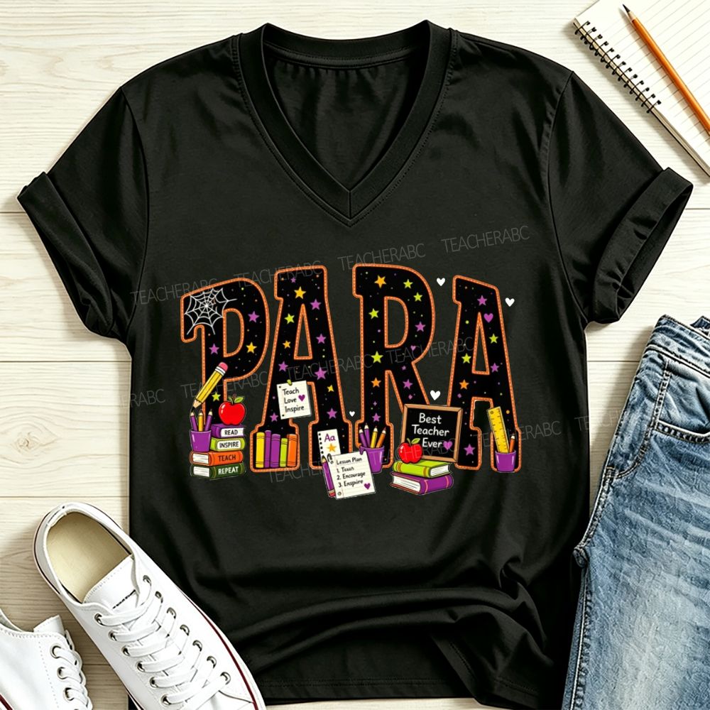 Halloween Para Paraprofessional School Supplies Apple Books V Neck T-shirt