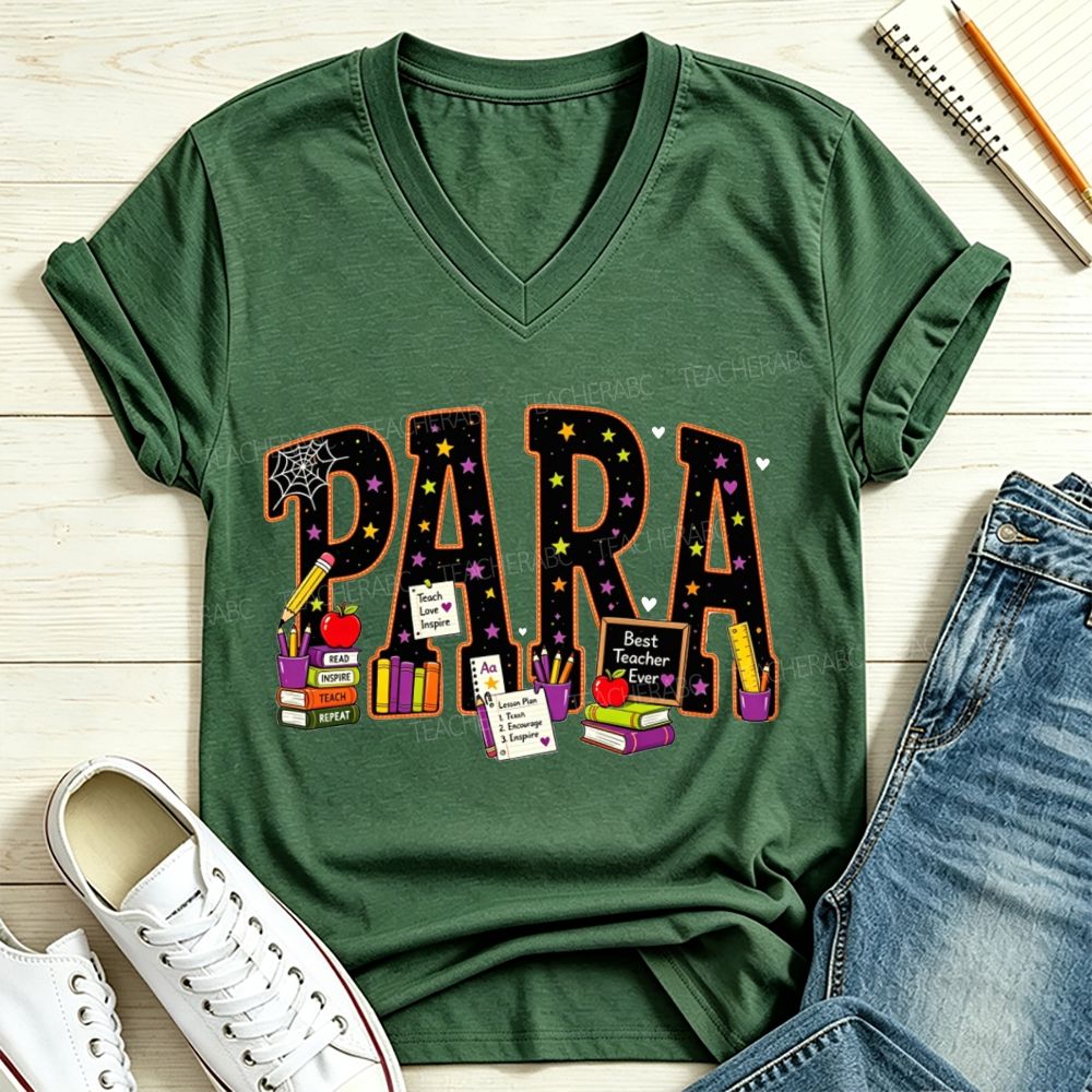 Halloween Para Paraprofessional School Supplies Apple Books V Neck T-shirt