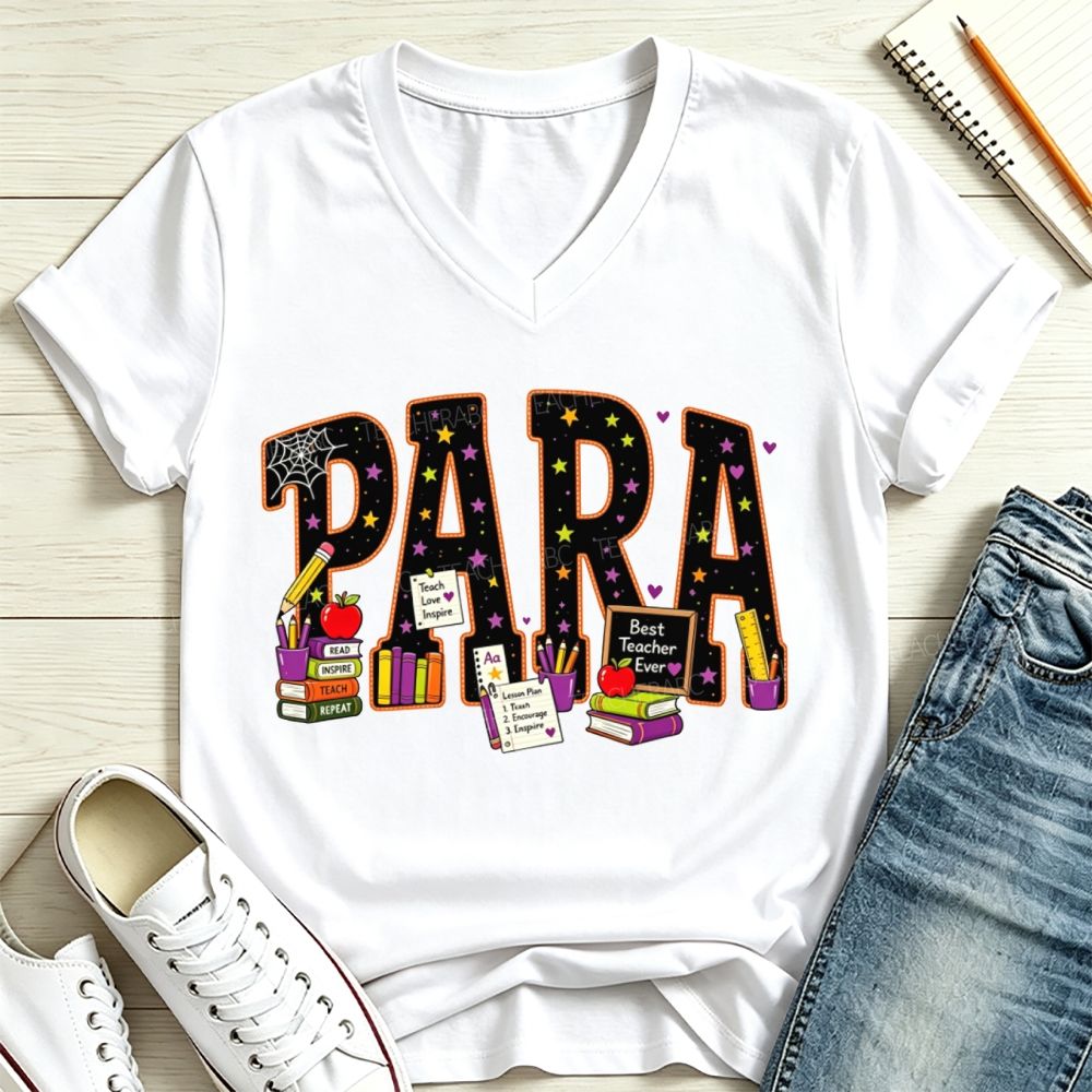 Halloween Para Paraprofessional School Supplies Apple Books V Neck T-shirt