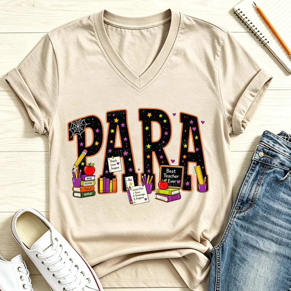 Halloween Para Paraprofessional School Supplies Apple Books V Neck T-shirt