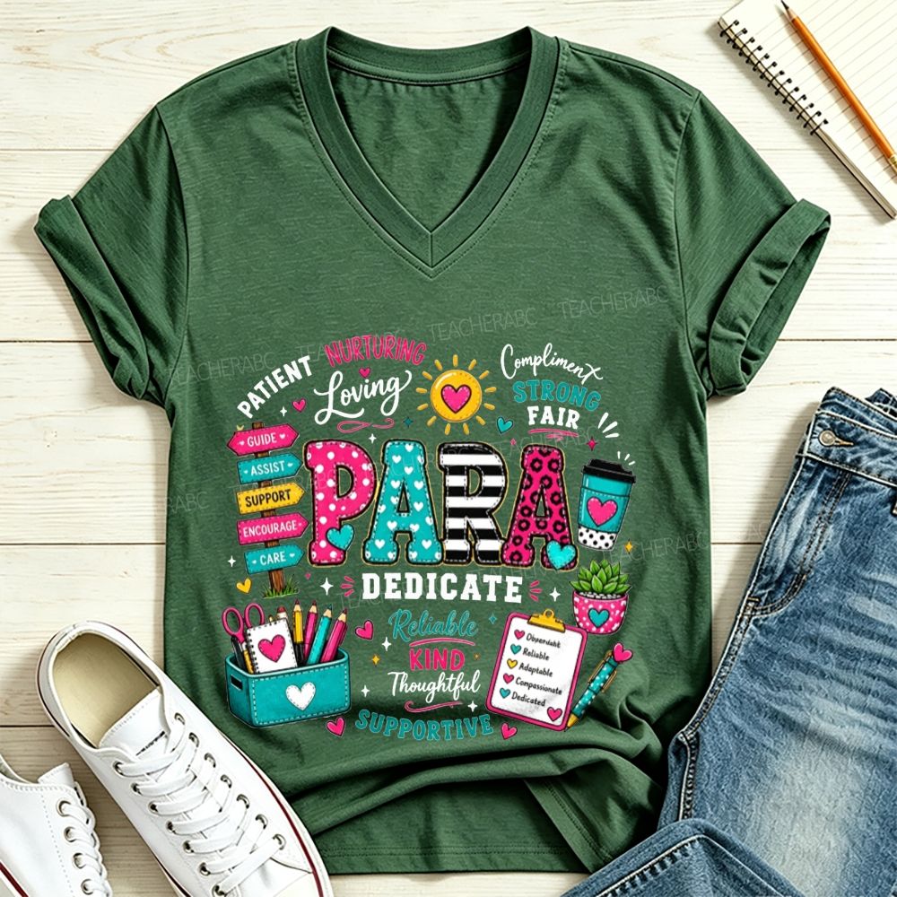 Colorful Pattern Para Paraprofessional Positive Traits School Supplies V Neck T-shirt