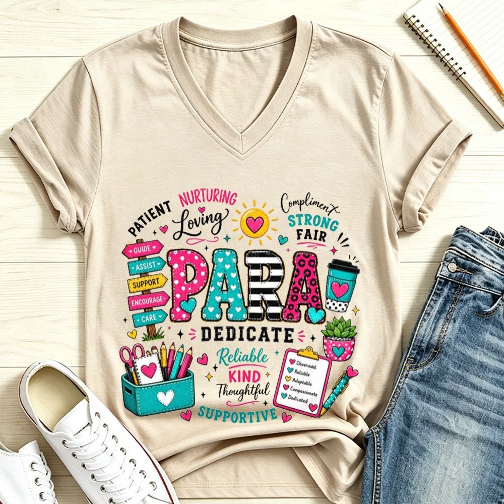 Colorful Pattern Para Paraprofessional Positive Traits School Supplies V Neck T-shirt
