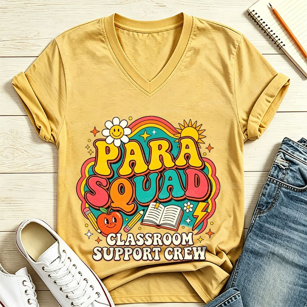 Para Squad Classroom Support Crew Rainbow Apple Book V Neck T-shirt