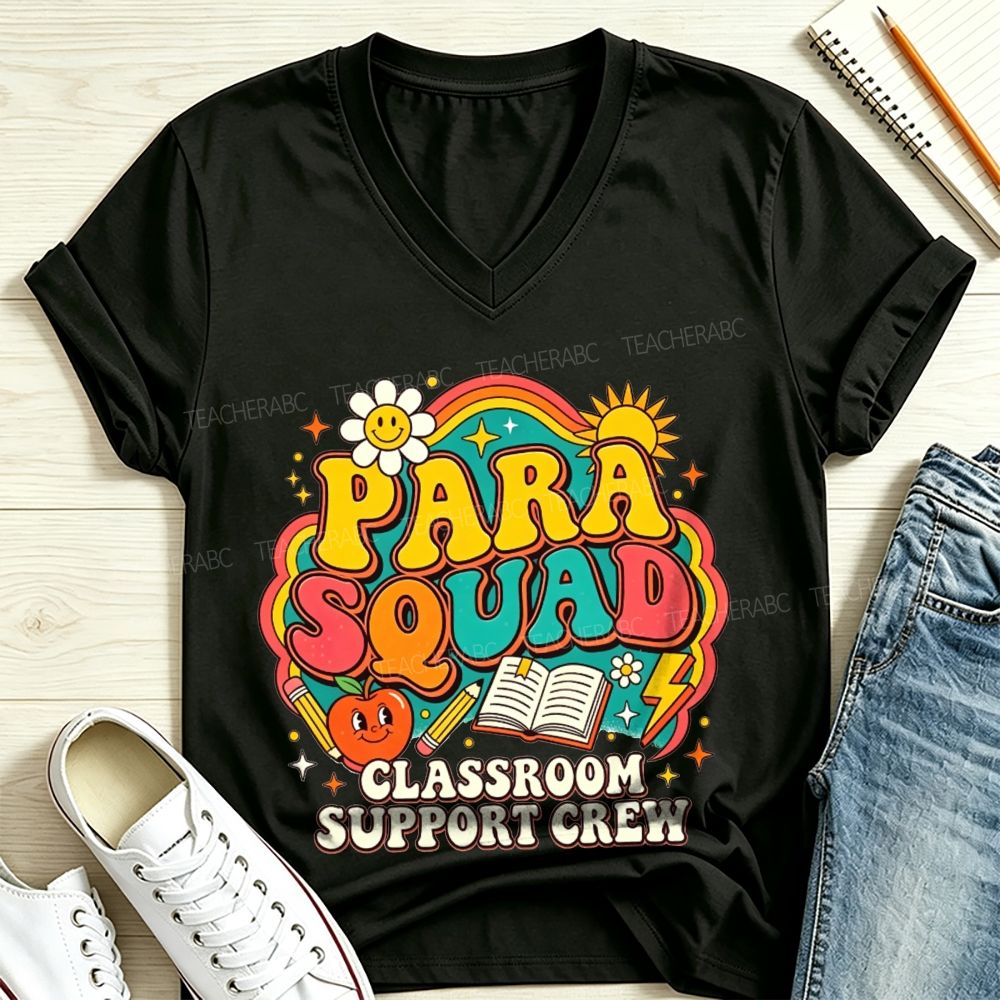 Para Squad Classroom Support Crew Rainbow Apple Book V Neck T-shirt