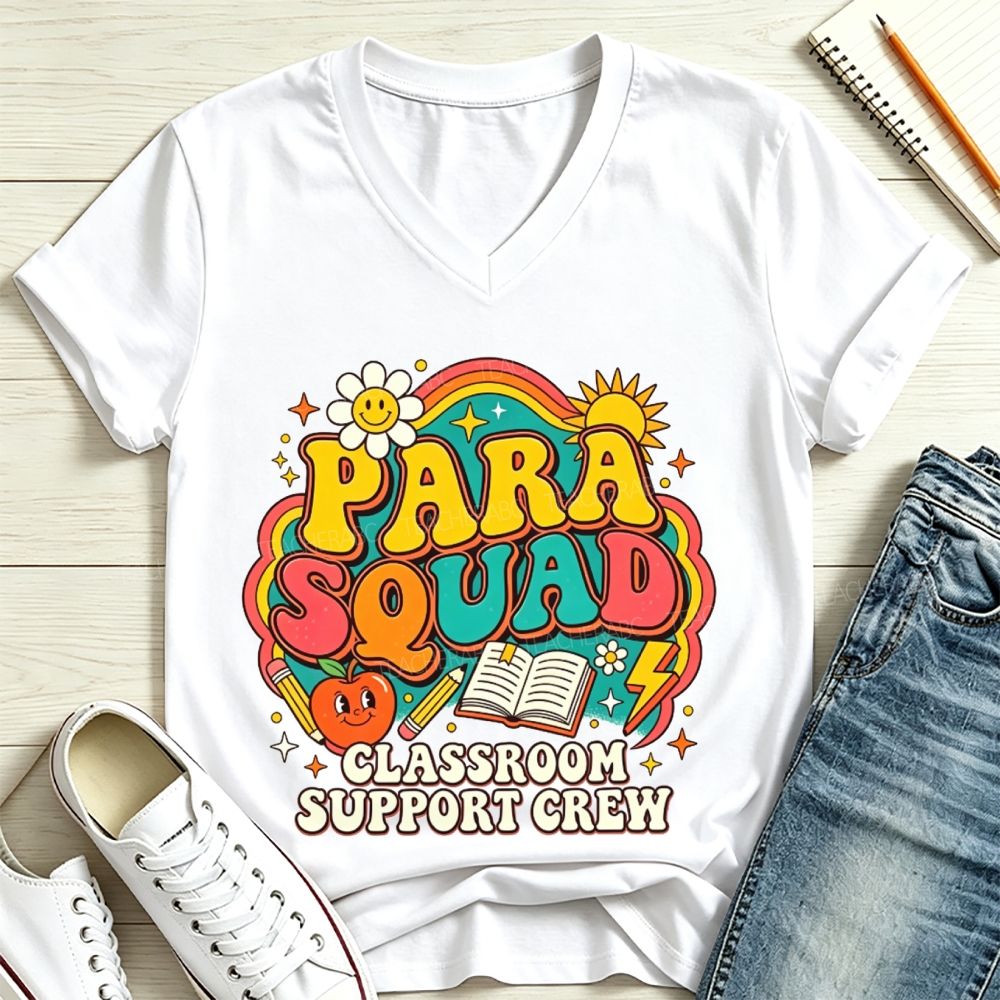 Para Squad Classroom Support Crew Rainbow Apple Book V Neck T-shirt