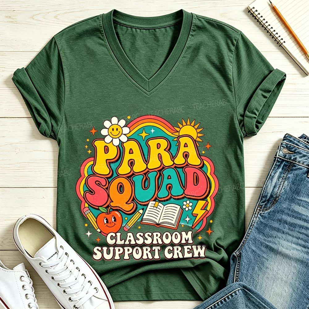 Para Squad Classroom Support Crew Rainbow Apple Book V Neck T-shirt