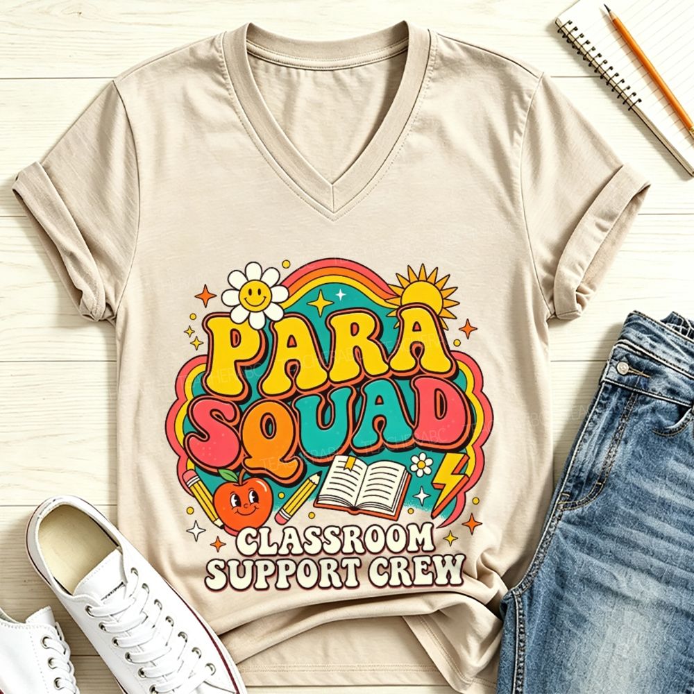 Para Squad Classroom Support Crew Rainbow Apple Book V Neck T-shirt