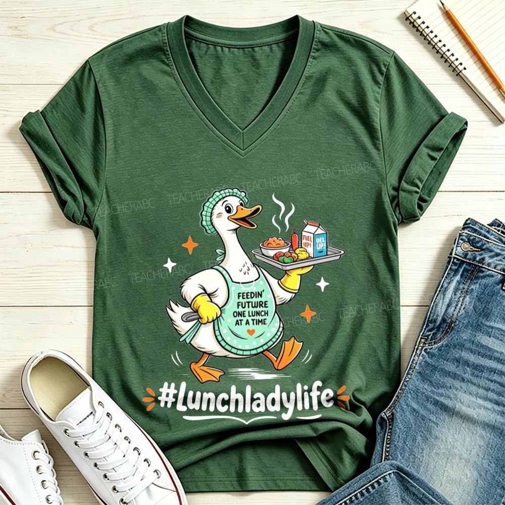 Lunch Lady Life Cartoon Duck Feeding Future School Cafeteria V Neck T-shirt