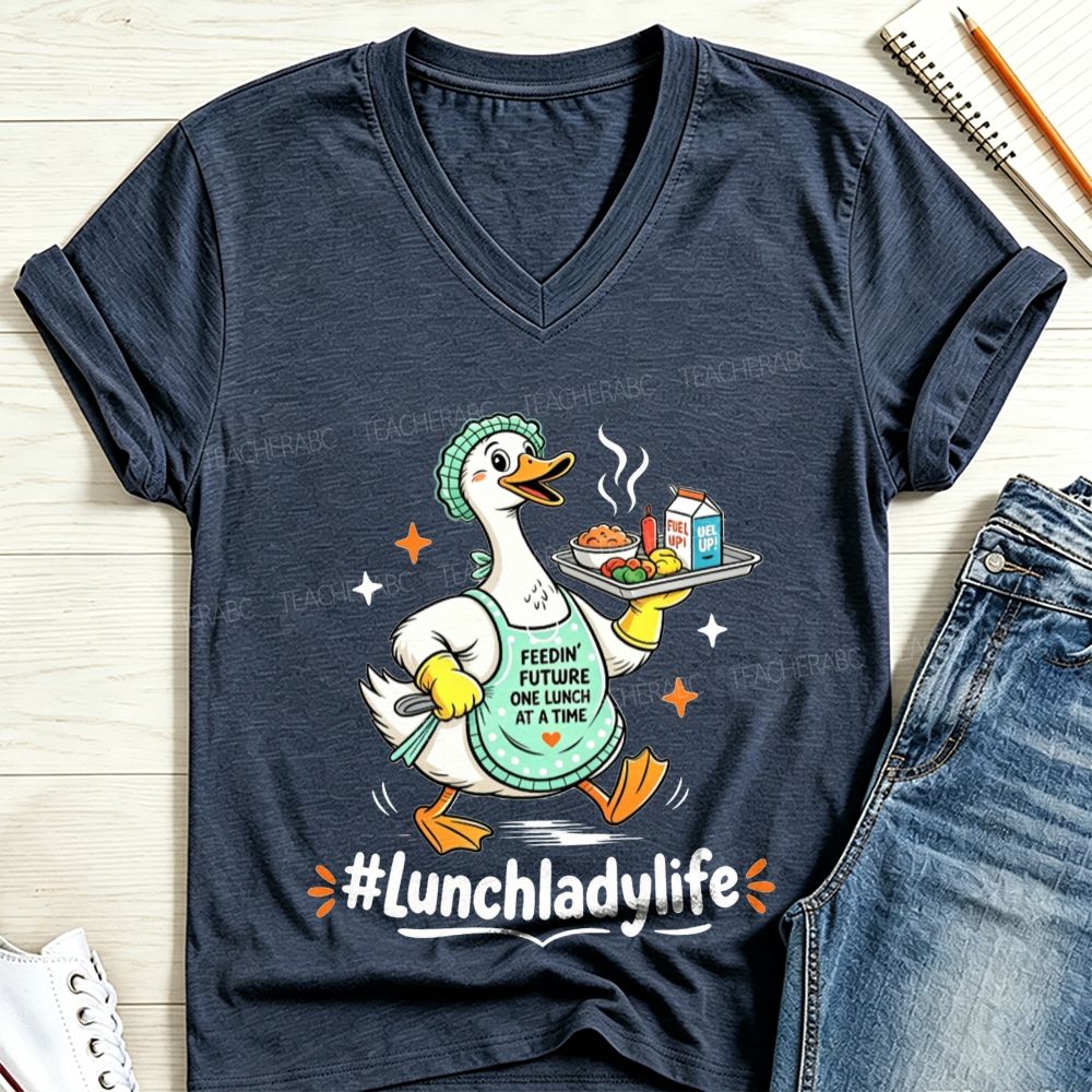 Lunch Lady Life Cartoon Duck Feeding Future School Cafeteria V Neck T-shirt