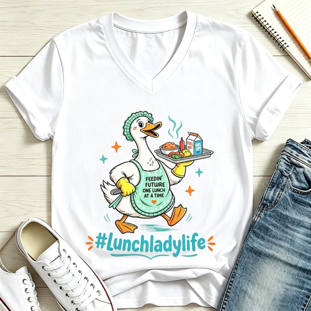 Lunch Lady Life Cartoon Duck Feeding Future School Cafeteria V Neck T-shirt