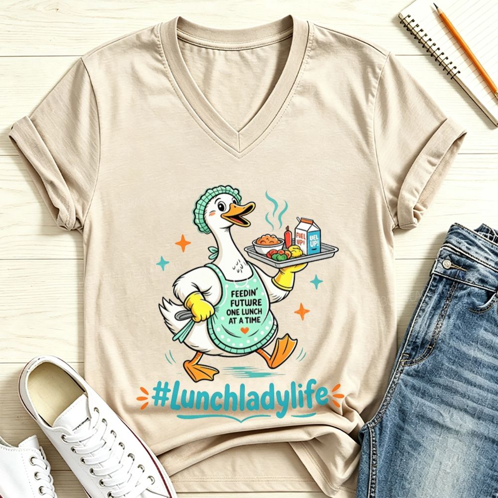 Lunch Lady Life Cartoon Duck Feeding Future School Cafeteria V Neck T-shirt